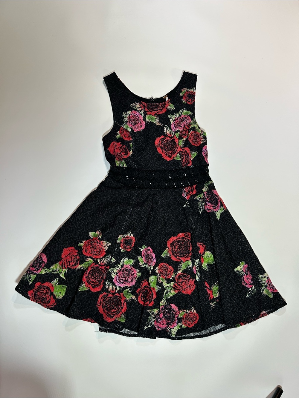 Free People Black Rose Floral Fit & Flare Mini Dress Crochet Waist Size 2
